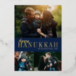 3 Photo Collage Simple Modern Hanukkah  Foil Holiday Card<br><div class="desc">This beautiful three photo collage Hanukkah card features simple, elegant text in real foil (available in gold, rose gold, or silver) over a navy blue background. The back of the card contains a modern diagonal stripes design in navy blue over a white background (color can be customized, if desired). For...</div>