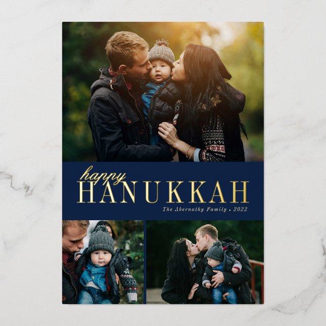 3 Photo Collage Simple Modern Hanukkah  Foil Holiday Card (Front)