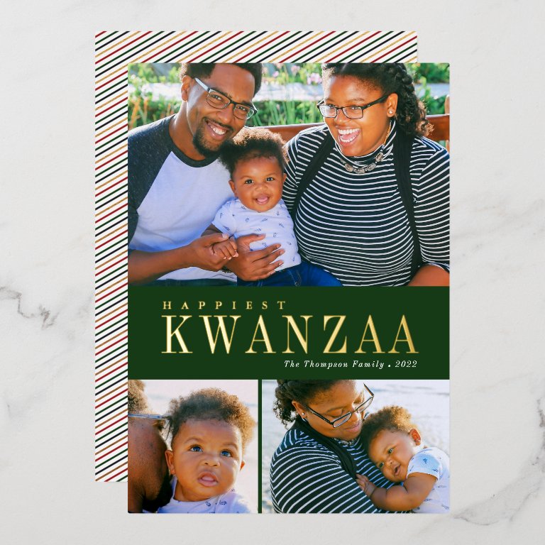 3 Photo Collage Simple Modern Kwanzaa Foil Holiday Card