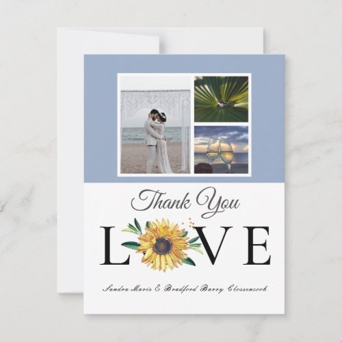 3 Photo collage  Sunflower Dusty Blue Wedding  Thank You Card
