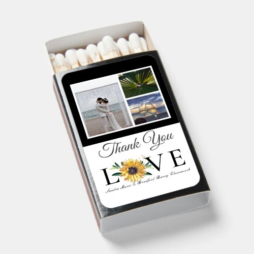 3 Photo collage  Sunflower Gray Yellow Wedding Matchboxes