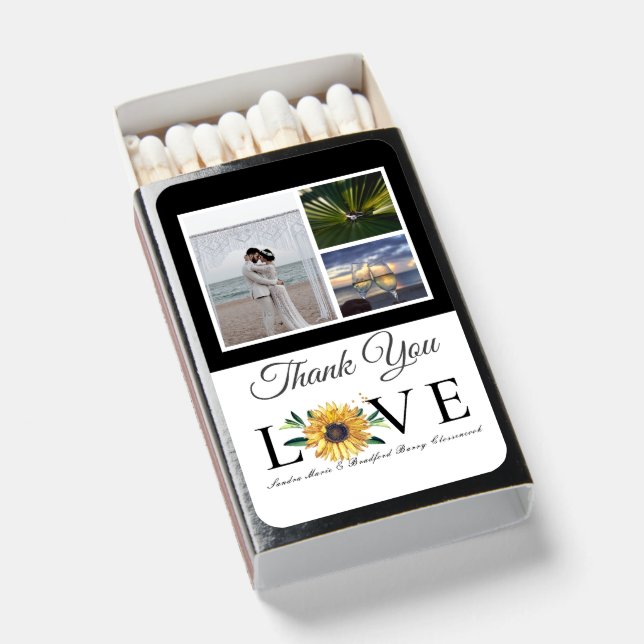 3 Photo collage  Sunflower Gray Yellow Wedding Matchboxes (Front Open)