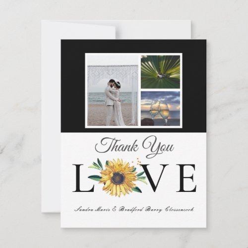 3 Photo collage  Sunflower Gray Yellow Wedding Tha Thank You Card