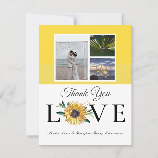 3 Photo collage  Sunflower Gray Yellow Wedding Thank You Card (Front)
