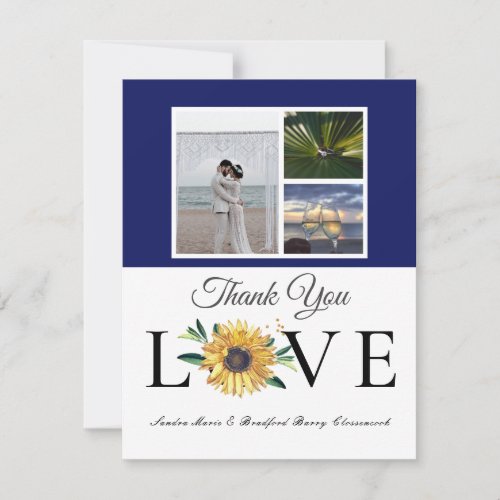3 Photo collage  Sunflower navy  Yellow Wedding  Thank You Card