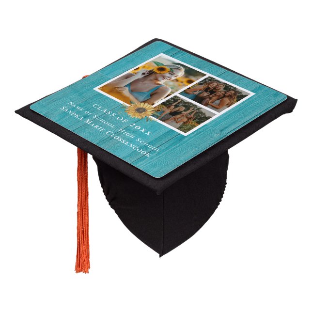 3 Photo collage Sunflower Yellow graduation  Graduation Cap Topper (Angled)