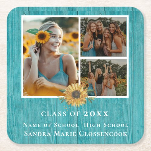 3 Photo collage Sunflower Yellow graduation Party  Square Paper Coaster