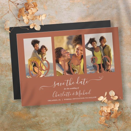 3 Photo Collage Terracotta Wedding Save The Date Magnetic Invitation