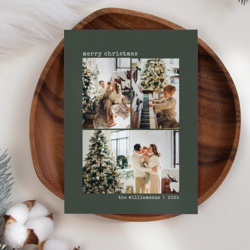 3 Photo Collage Typewriter Green Merry Christmas Holiday Card