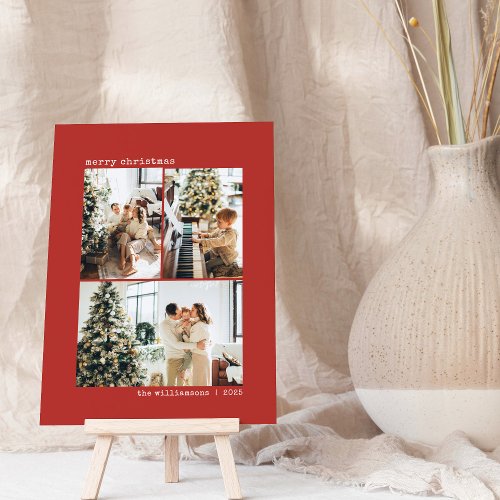3 Photo Collage Typewriter Red Merry Christmas Holiday Card