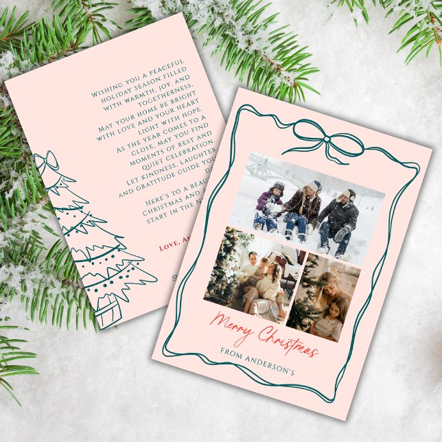3 Photo Collage Wavy Doodle Frame Bow Christmas Holiday Card (Creator Uploaded)