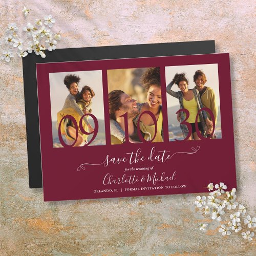 3 Photo Collage Wedding Save The Date Burgundy Magnetic Invitation