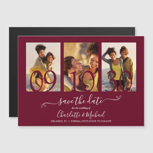 3 Photo Collage Wedding Save The Date Burgundy Magnetic Invitation