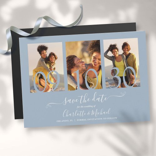 3 Photo Collage Wedding Save The Date Dusty Blue Magnetic Invitation