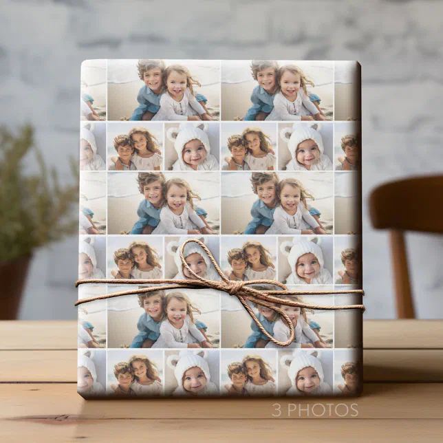 3 Photo Collage with background in white Wrapping Paper | Zazzle