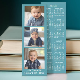 3 Photo Collage with Calendar - Modern Blue White Bookmarks
