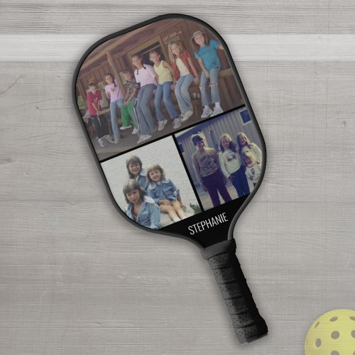 3 Photo Collage with Name _ black white Pickleball Paddle