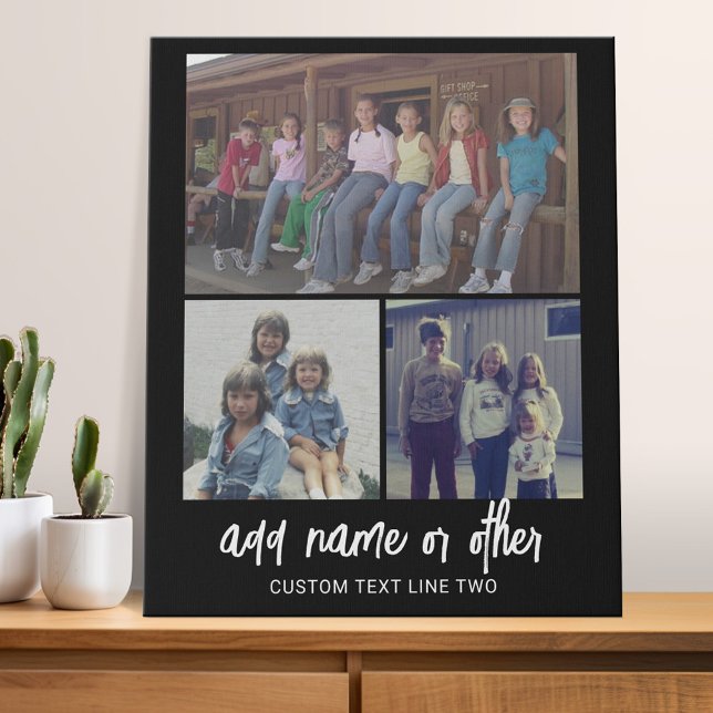 3 Photo Collage with Script Text - black white Faux Canvas Print (Custom Photo collage - wall art with your photos)