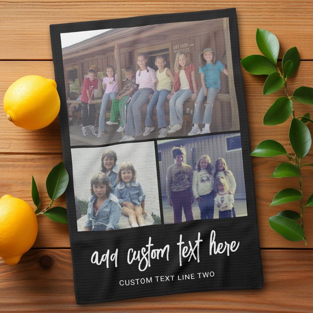 3 Photo Collage with Script Text - black white Kitchen Towel (Add 3 photos - personalized kitchen towel)