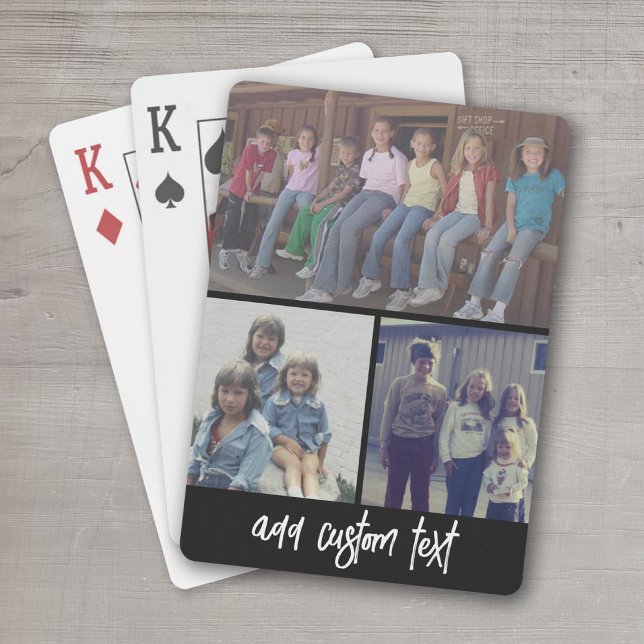 3 Photo Collage with Script Text black white Poker Cards (Personalized Playing Cards - add your photos and text)