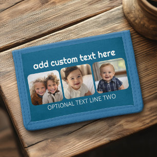 3 Photo Collage with trendy bounce script - blue Tri-fold Wallet