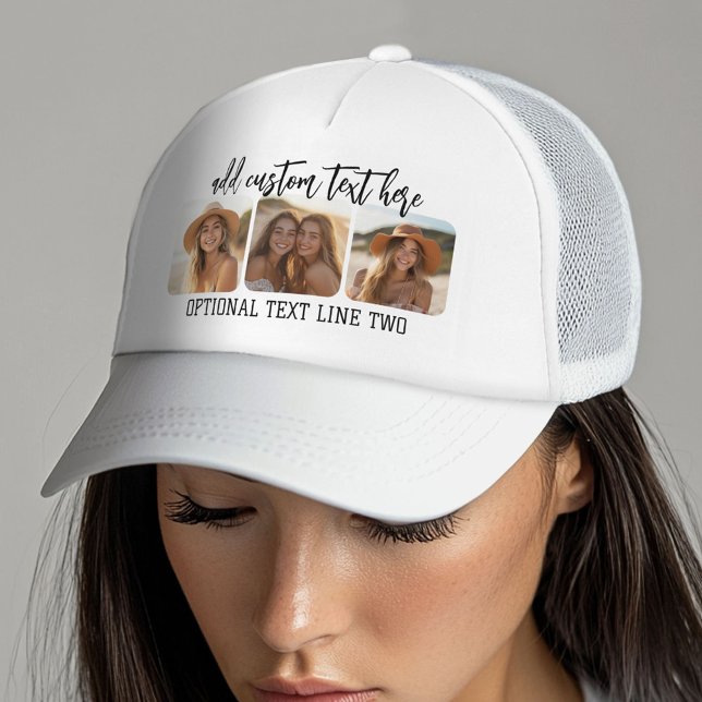 3 Photo Collage with trendy bounce script  Trucker Hat (Custom Photo Gallery on a Trucker Hat)