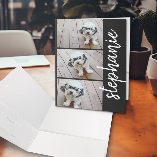 3 Photo Collage with White Modern Script Name Pocket Folder (Personalized pocket folders)