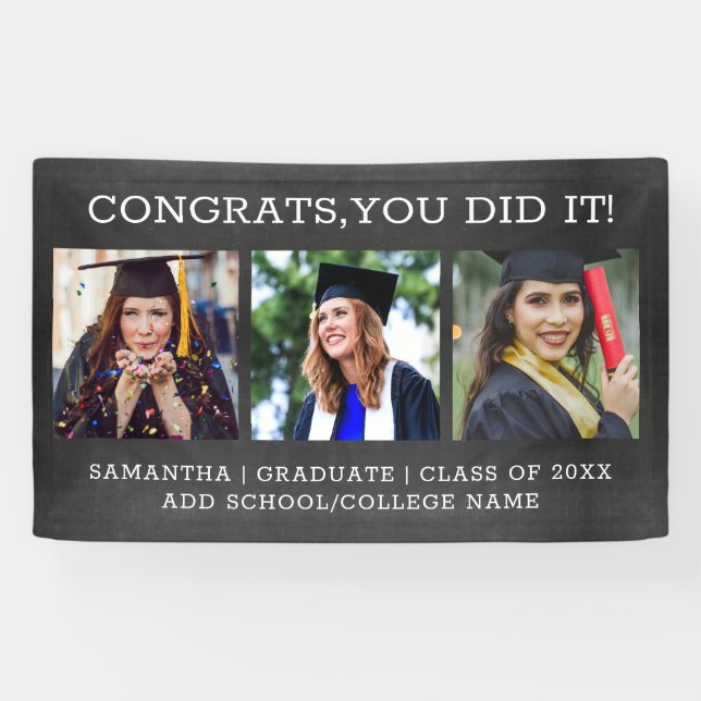 3 Photo Congrats Grad 2022 Graduation Chalkboard Banner (Horizontal)