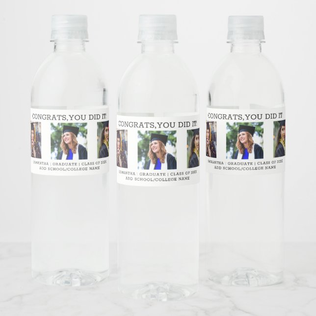 3 Photo Congrats Grad Black And White Graduation Water Bottle Label (Bottles)