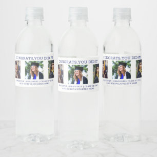 3 Photo Congrats Grad Blue And White Graduation Water Bottle Label