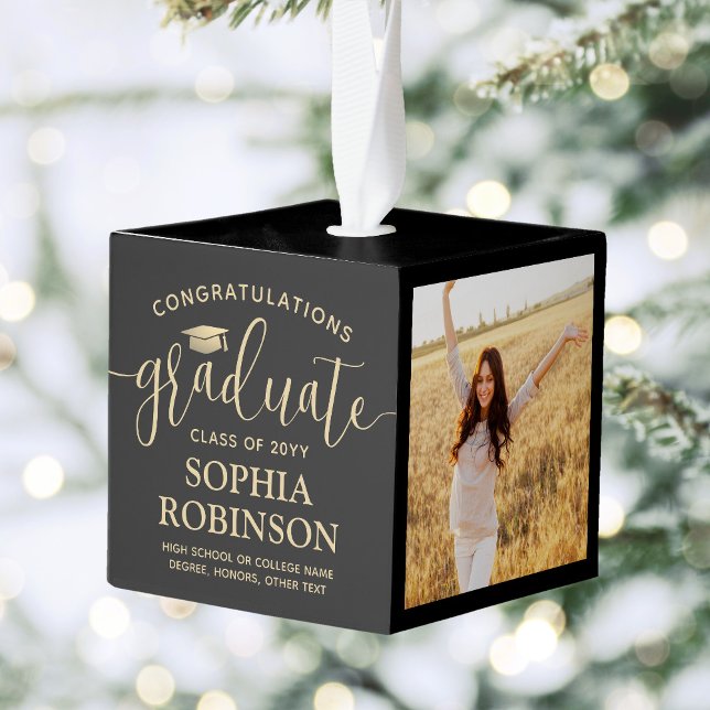 3 Photo Congratulations Black and Gold Graduation Cube Ornament (Creator Uploaded)