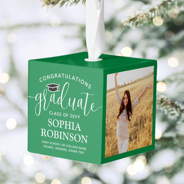 3 Photo Congratulations Elegant Graduation Green Cube Ornament (Creator Uploaded)