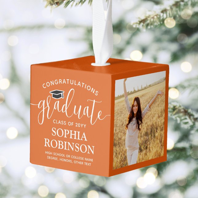 3 Photo Congratulations Elegant Graduation Orange Cube Ornament (Creator Uploaded)