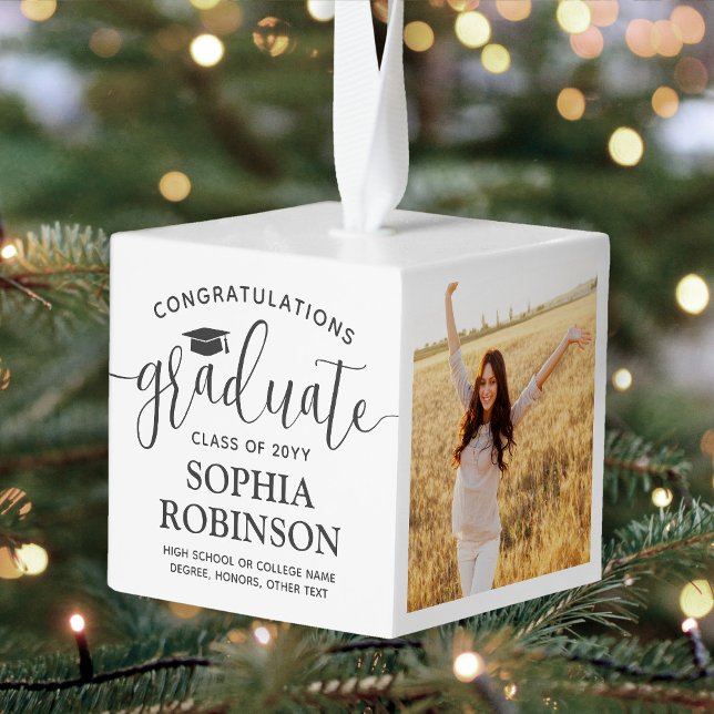 3 Photo Congratulations Elegant Script Graduation Cube Ornament (Creator Uploaded)