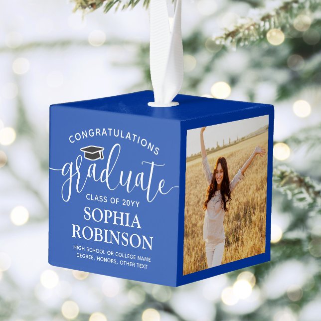 3 Photo Congratulations Royal Blue Graduation Cube Ornament (Creator Uploaded)