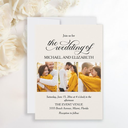 3 Photo Cream Colored Calligraphy Wedding  Invitation