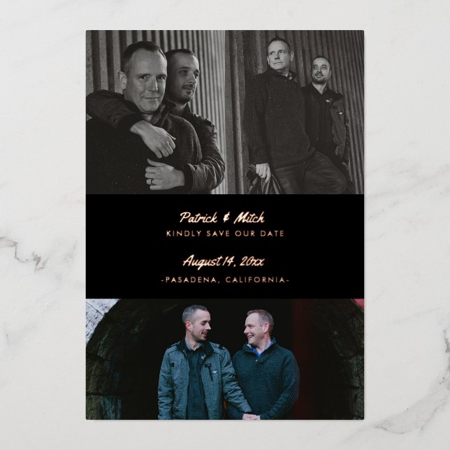 3 Photo Custom Color Black Save the Date Foil Invitation (Front)