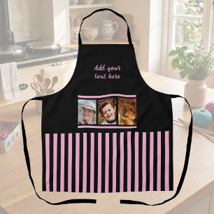 3 photo custom text black pink striped  apron
