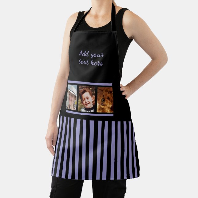 3 photo custom text black purple striped  apron (Insitu)