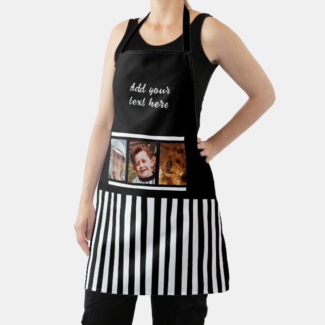 3 photo custom text black white striped  apron (Insitu)