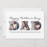 3-Photo "Dad" Cutout Personalized Father's Day Holiday Card<br><div class="desc">This Father's Day card features room for three photos, framed by the word "DAD" in cutout typography on a white background. The greeting "Happy Father's Day" appears above in black handwriting script. Personalize it with your own message, name(s), and year below in black sans serif font. Easily replace the sample...</div>