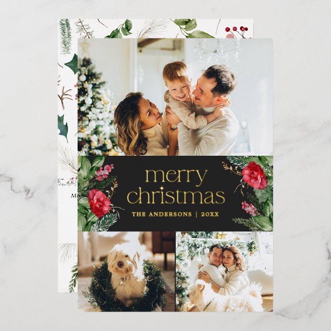 3 Photo Dark Gray Winter Botanical Merry Christmas Foil Holiday Card (Front/Back)