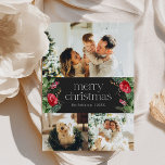 3 Photo Dark Winter Botanical Merry Christmas Card<br><div class="desc">This collection features watercolor red florals,  berries & winter greenery with modern & elegant typography,  with a winter botanical pattern back.</div>
