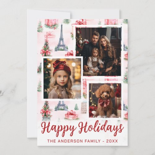 3 Photo Eiffel Tower Paris Chic Pink Christmas Holiday Card