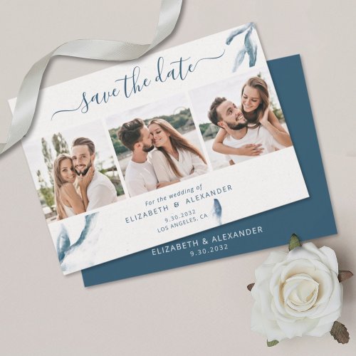 3 photo elegant blue watercolor simple wedding save the date