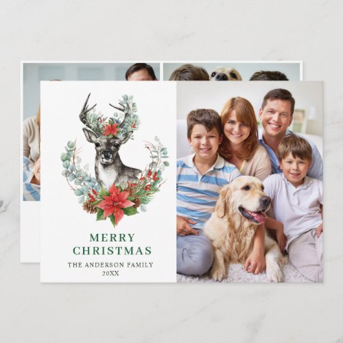 3 PHOTO Elegant Christmas Deer Poinsettia Greeting Holiday Card