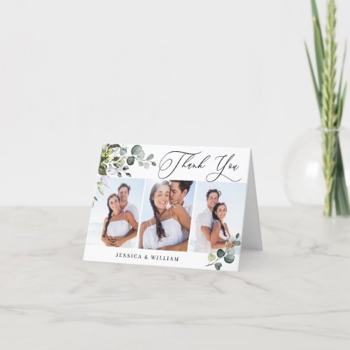 3 PHOTO Elegant Eucalyptus Greenery Wedding Thank You Card