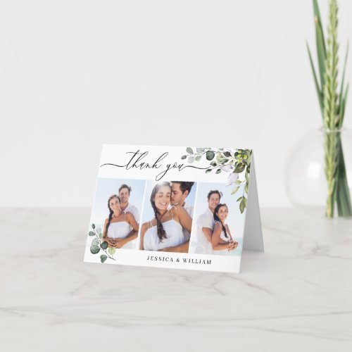 3 PHOTO Elegant Eucalyptus Greenery Wedding Thank You Card