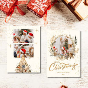 3 Photo Elegant Gold Glitter Floral Christmas Holiday Card