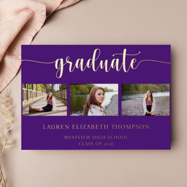 3 Photo Elegant Graduation Purple Gold Foil Invitation (Creator Uploaded)